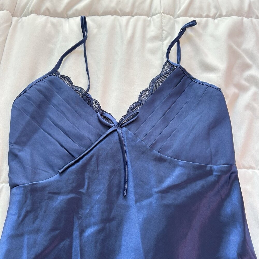 Womens Y2K Retro Blue Maxi Dress Slip Chemise Babydoll L Gown Navy High Slit - Picture 3 of 10